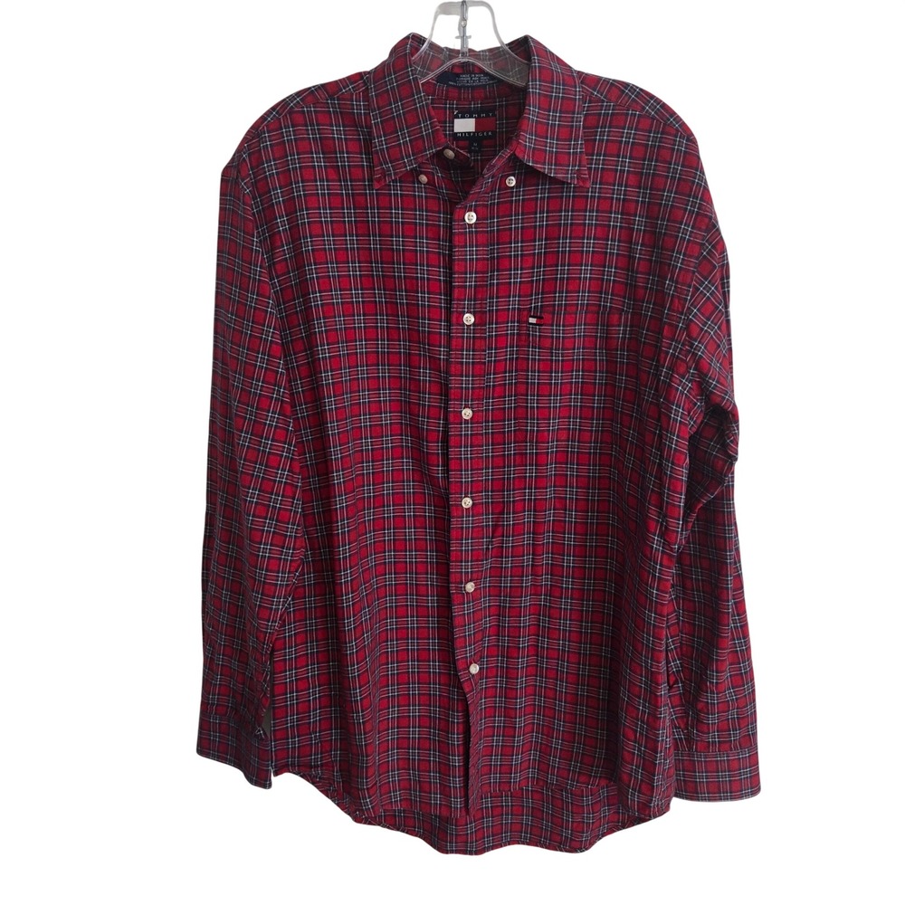 Tommy‎ Hilfiger Mens M Red Plaid Button Down Shirt Logo 100% Cotton Classic